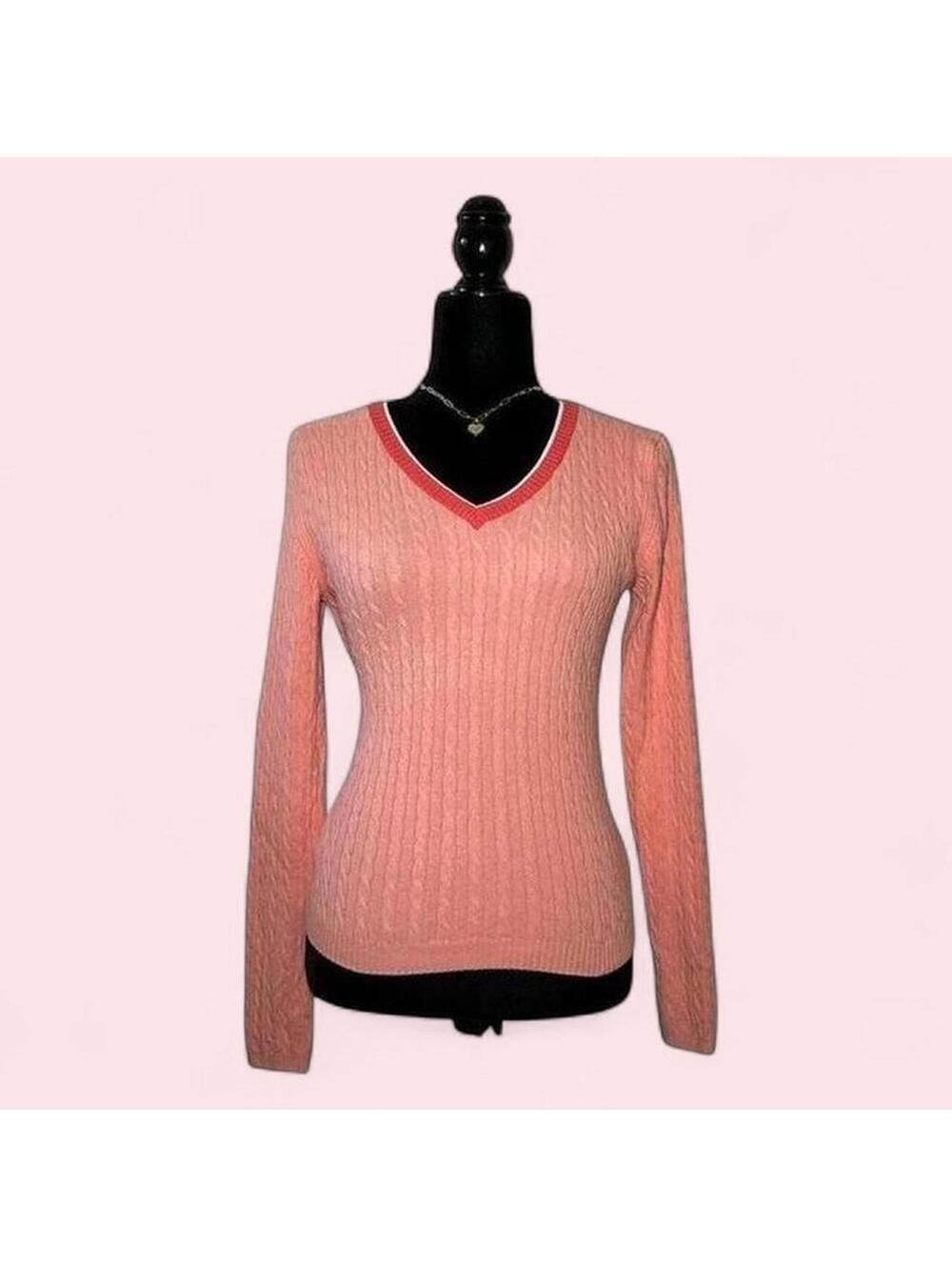 Preppy Orange V-Neck Cable Knit Long Sleeve Top Size Medium Dark Academia Preppy